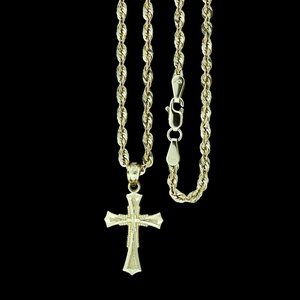 10K Real Gold Rope Chain and Cross Pendant Set